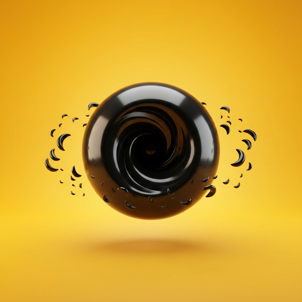 A glossy black sphere pulling crescent fragments into its vortex