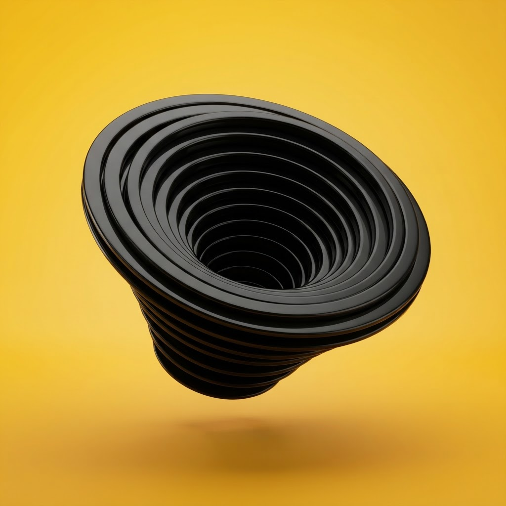 Concentric glossy black rings descending into a deep funnel
